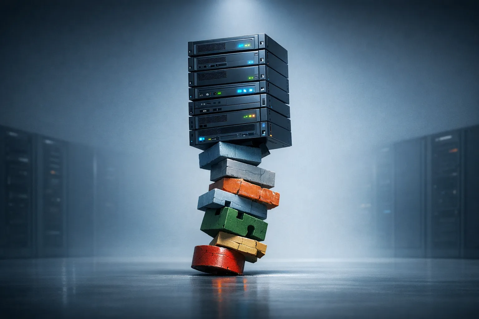 A production server stack balancing precariously on mismatched foundations, representing hidden dependency risk