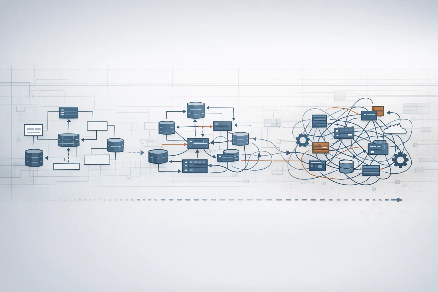 A technical architecture blueprint gradually degrading into tangled structure over time