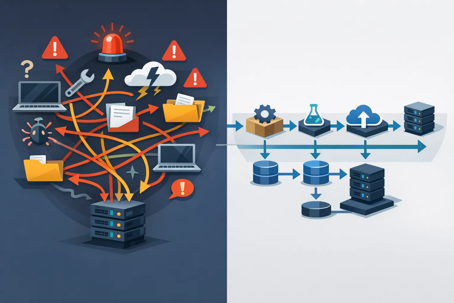 Conceptual contrast between chaotic manual production updates and a disciplined reproducible delivery pipeline