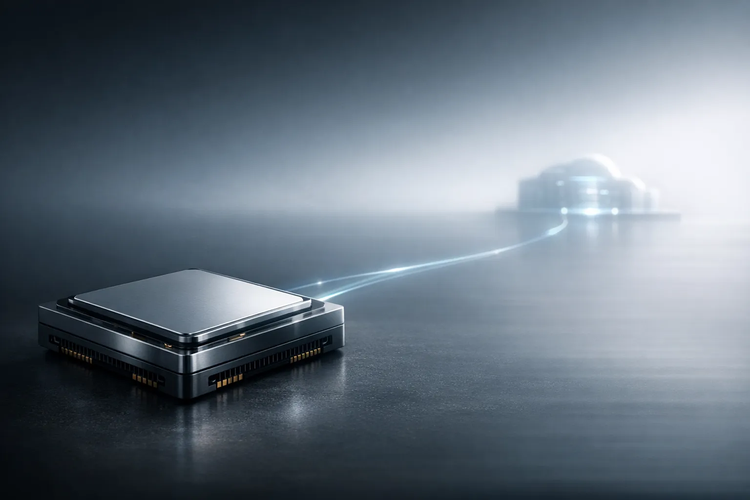 Minimal Apple-style illustration of local-first AI with private cloud fallback in the distance