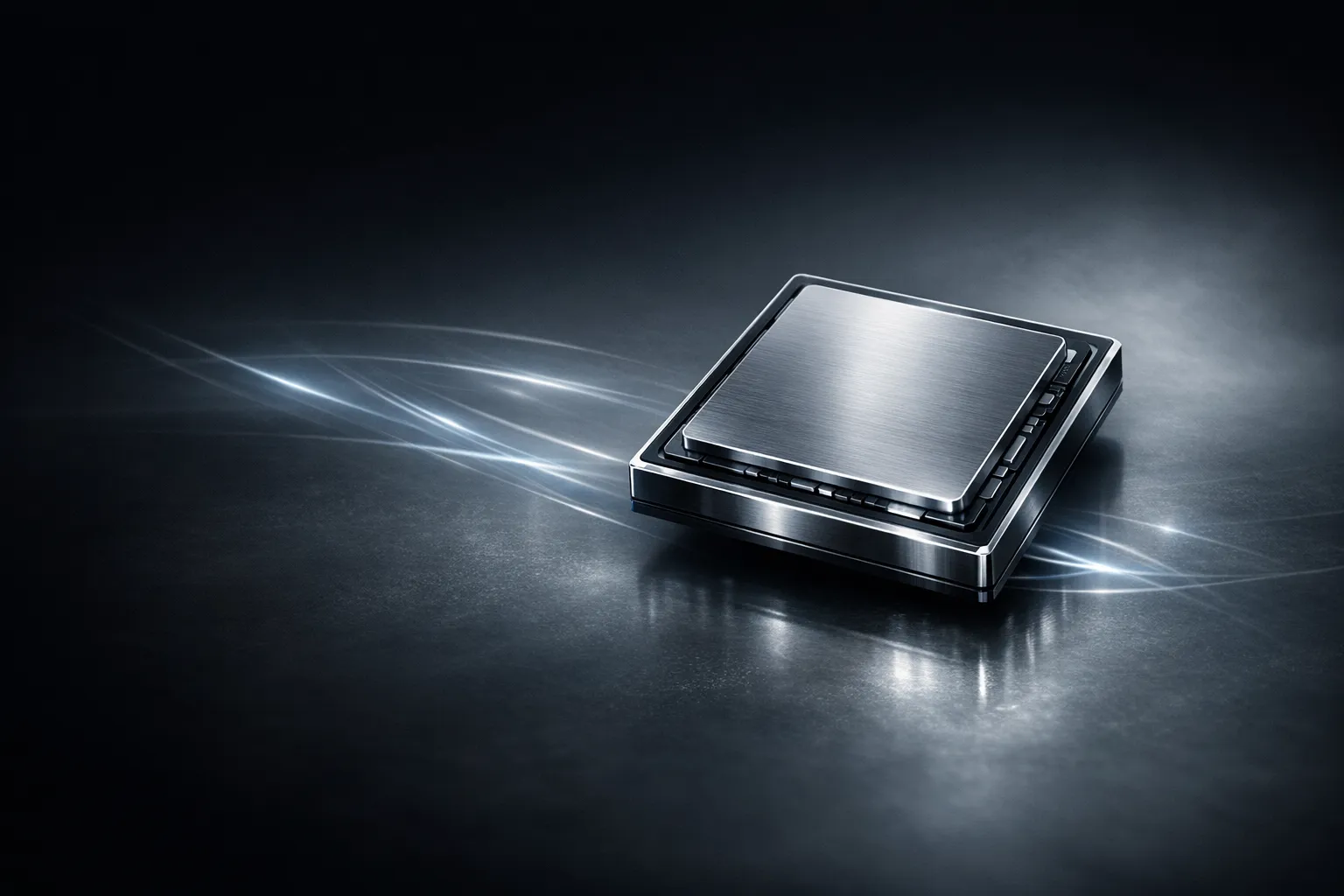 Minimal Apple-style close-up of a next-generation personal silicon chip for AI workloads