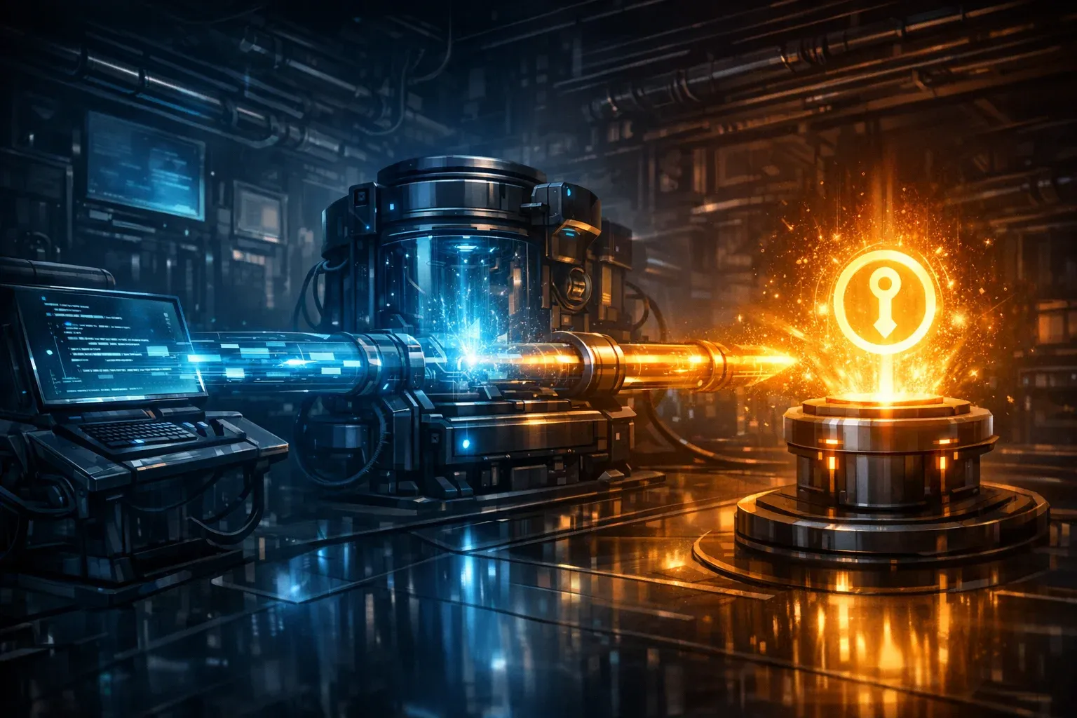 Dark DevOps concept art showing commit, build, and release tag creation as one connected GitHub release pipeline