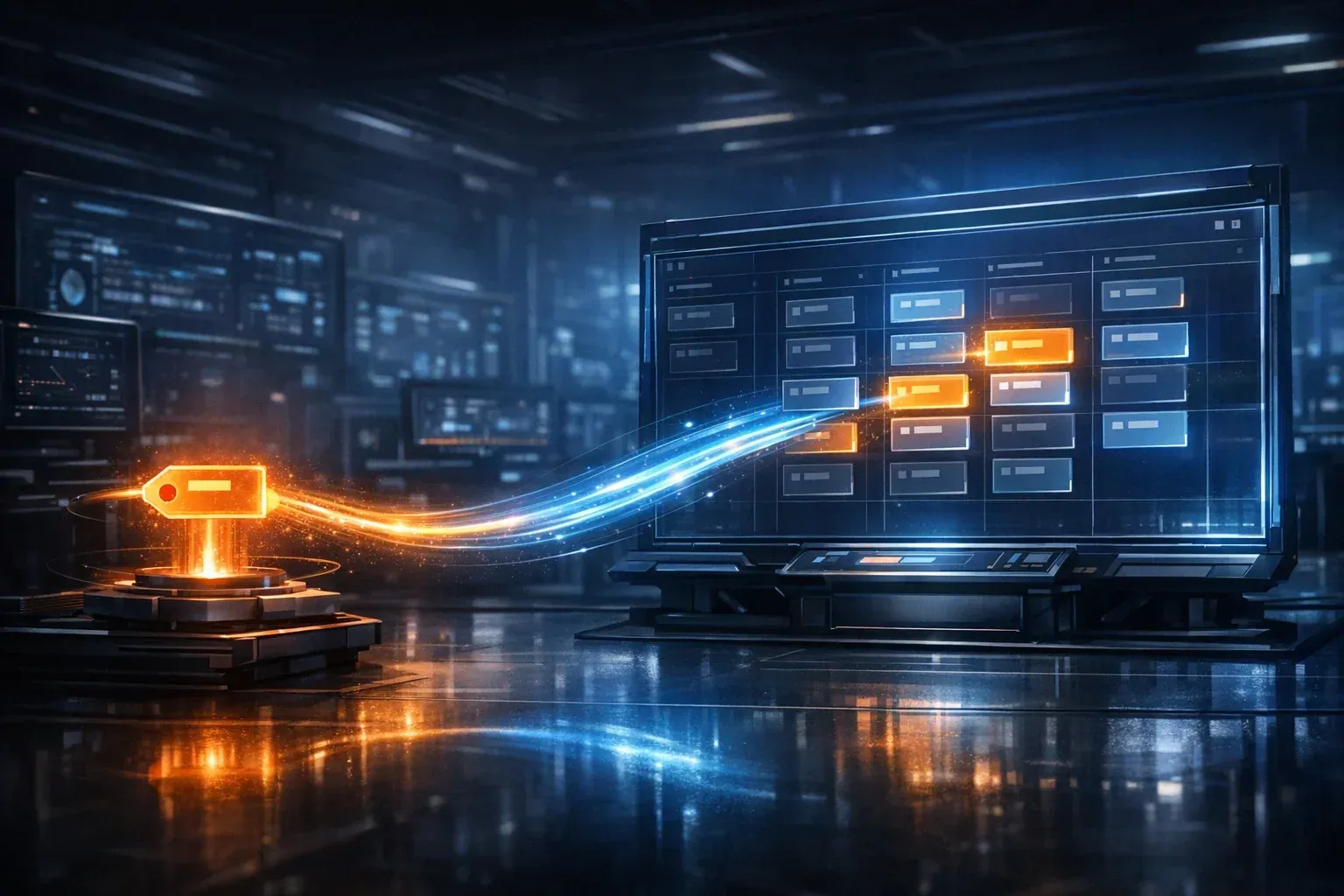 Dark DevOps concept art showing a published release tag flowing into a structured version board update