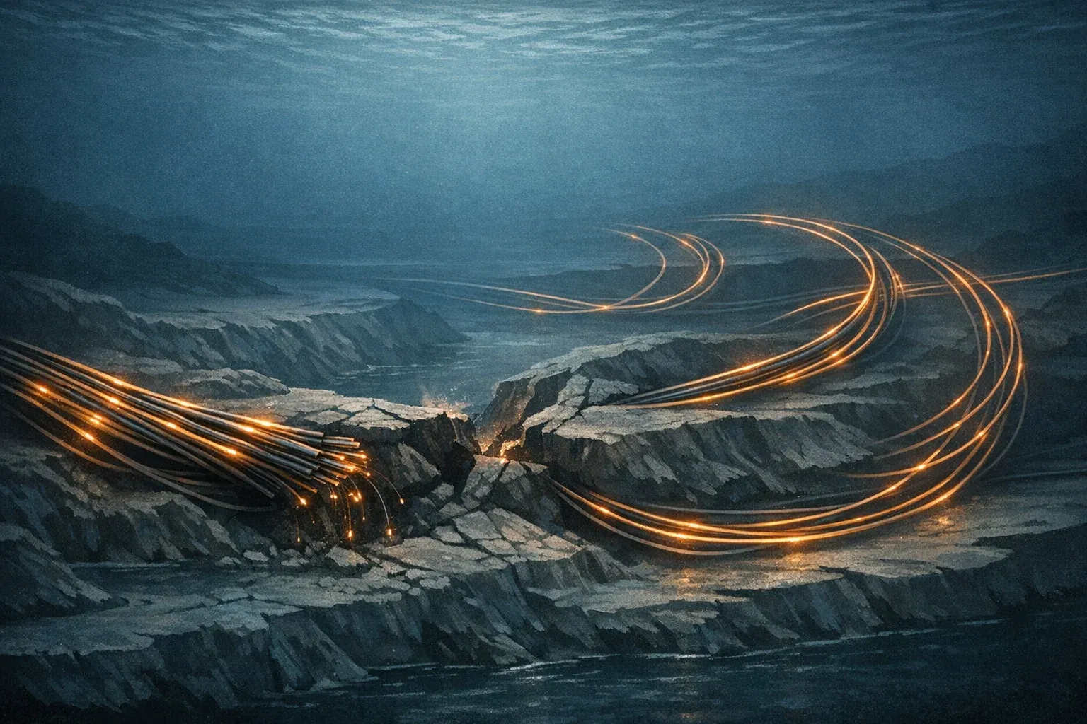 Editorial illustration of submarine cable routes rerouting around a damaged chokepoint