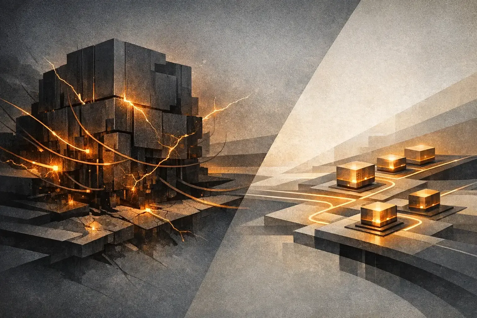 Editorial illustration of large AI compute infrastructure under pressure versus smaller efficient systems
