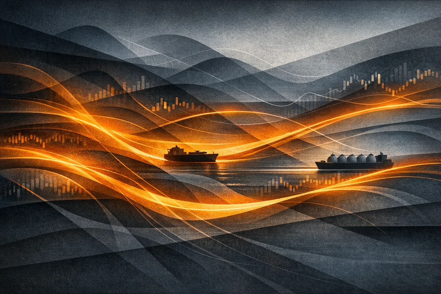 Abstract editorial illustration of energy market repricing across shipping lanes and fuel flows