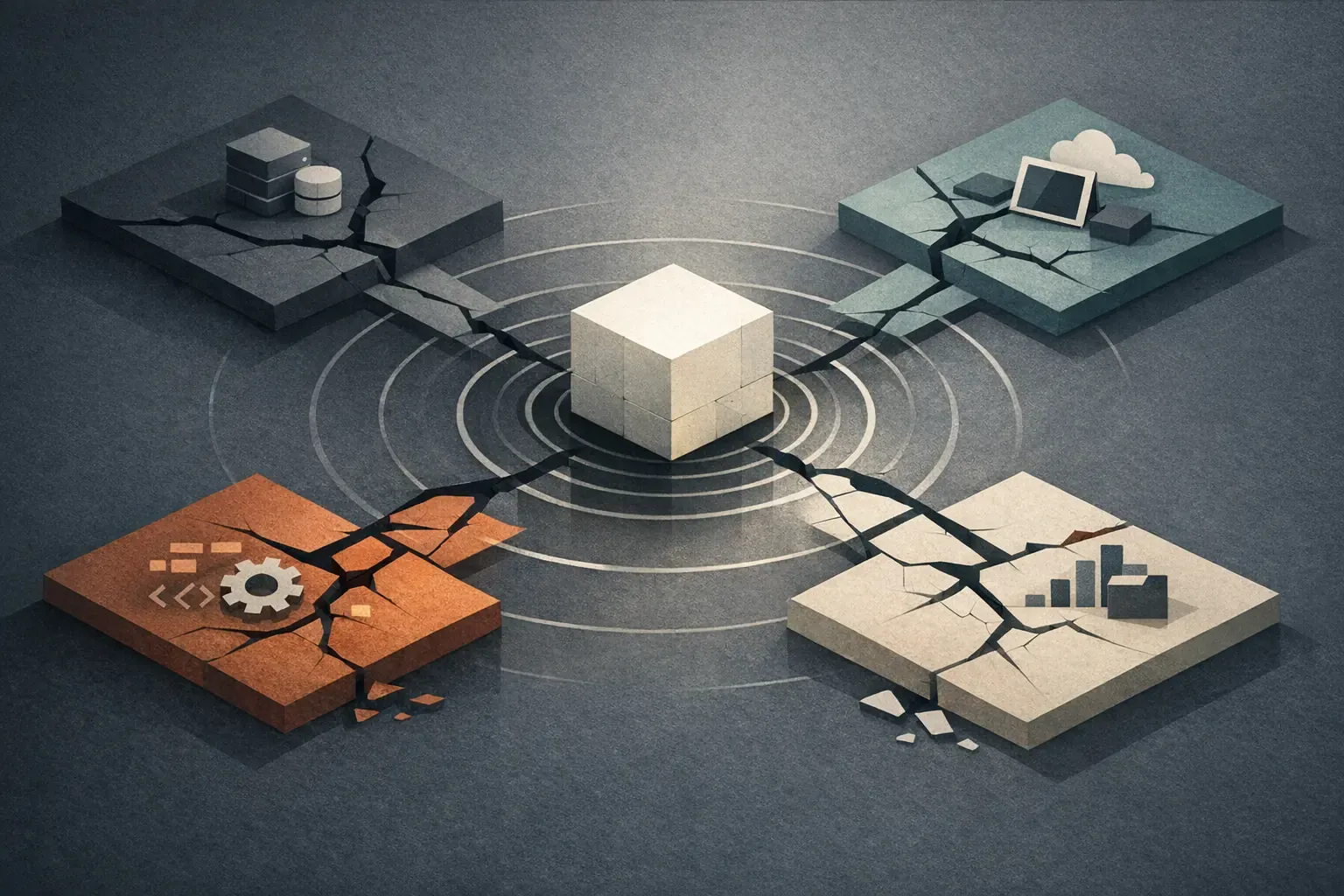 Editorial abstract illustration of blast radius from a shared package change across a monorepo