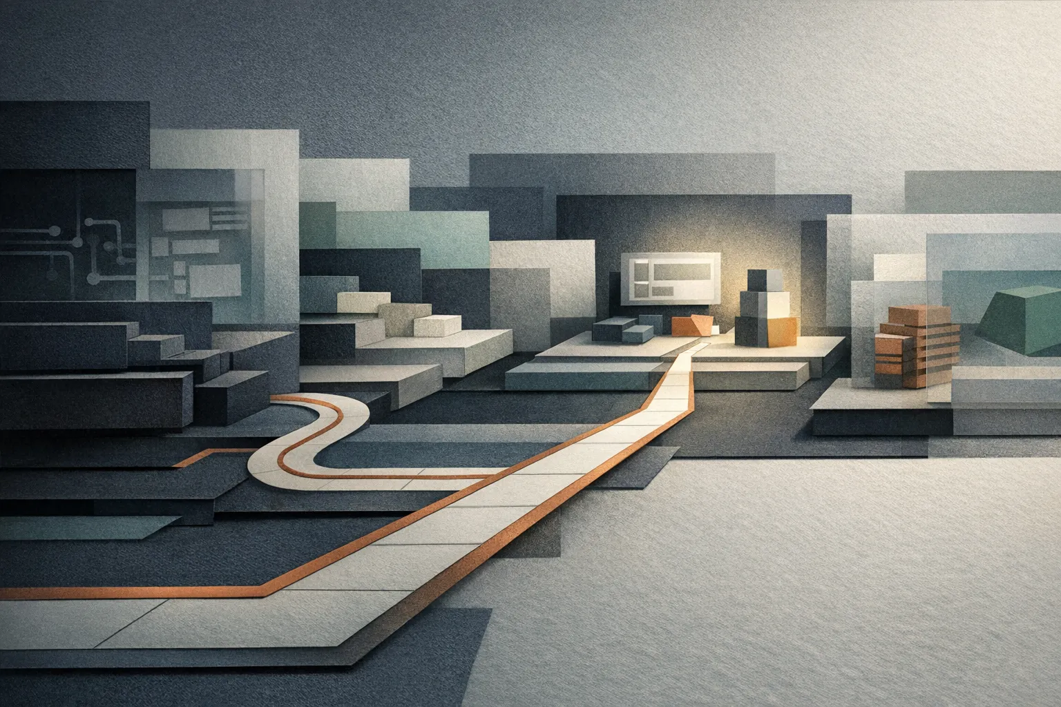 Editorial abstract illustration of routing an AI agent into the correct workspace inside a Laravel and Vue monorepo