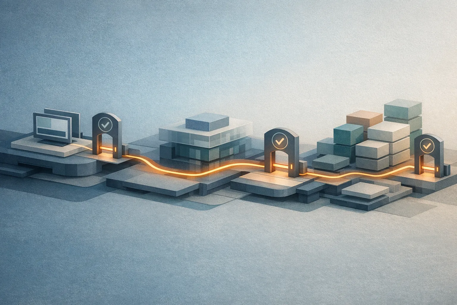 Editorial abstract illustration of verification checkpoints across Vue frontends and Laravel services