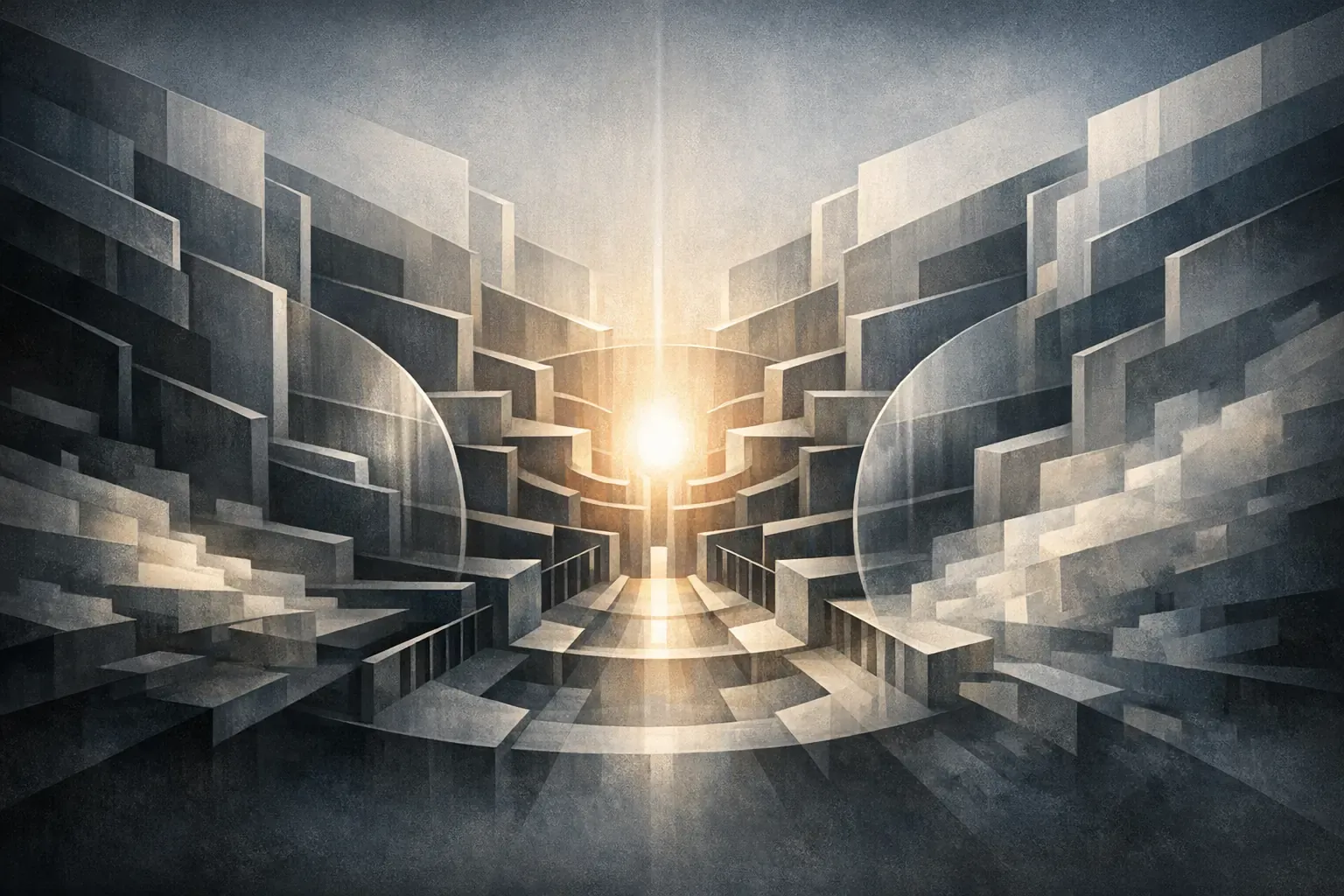 Abstract illustration of converging channels and centralised structures representing governance and concentration of power