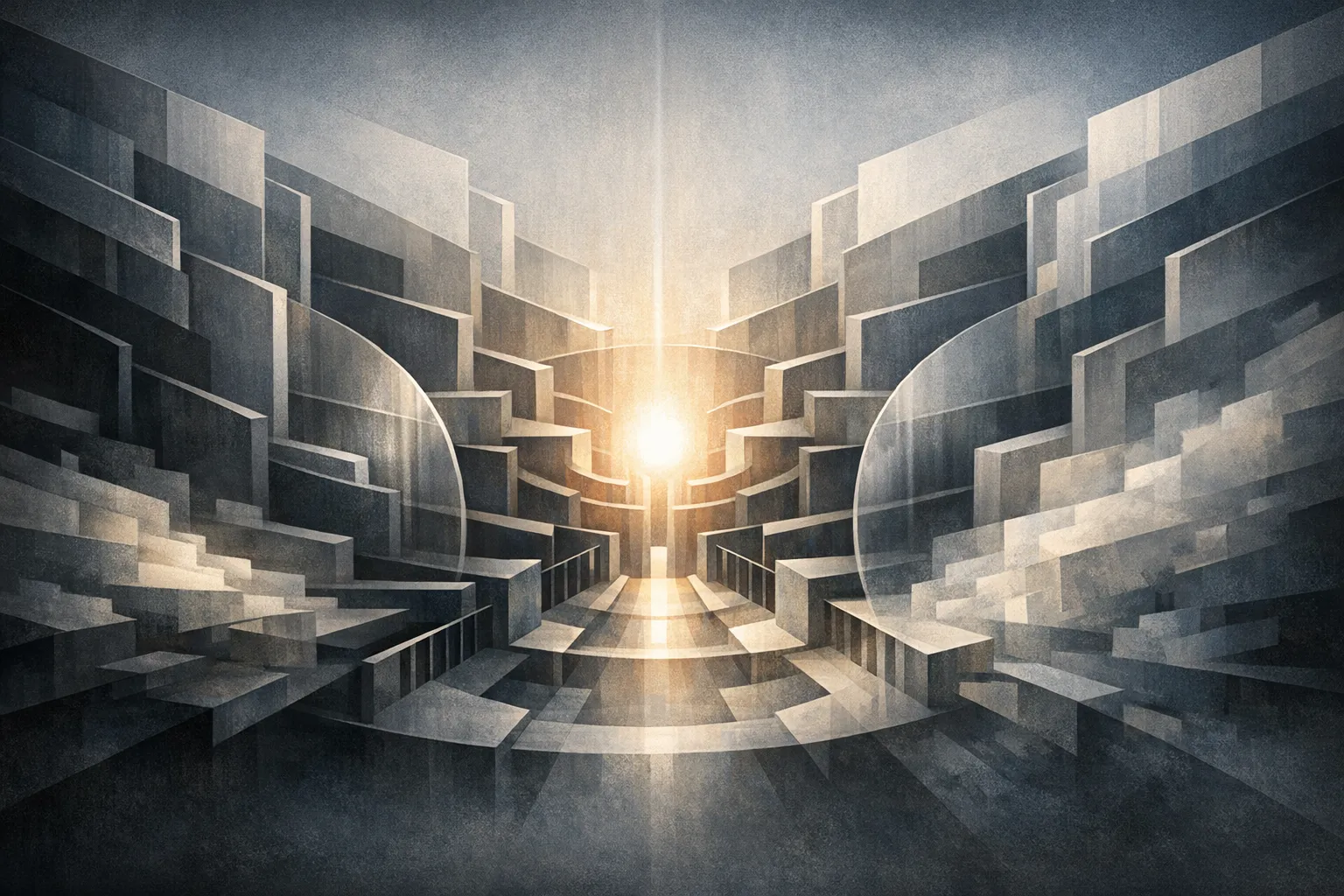 Abstract illustration of converging channels and centralised structures representing governance and concentration of power