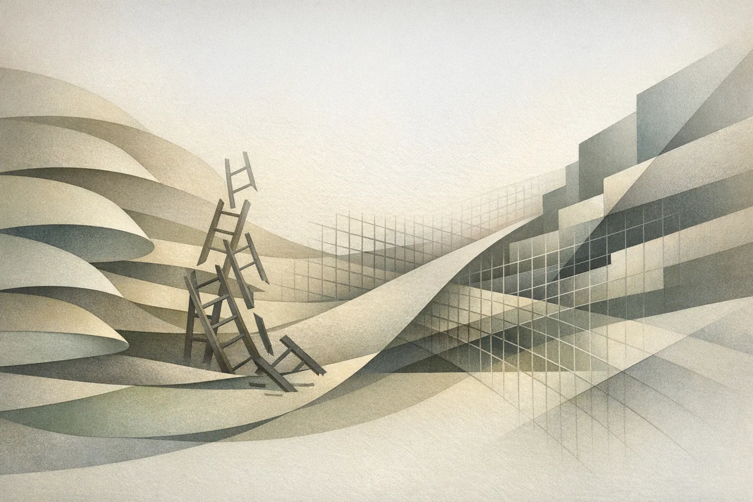 Abstract illustration of broken ladders and compressed pathways representing AI's effect on work