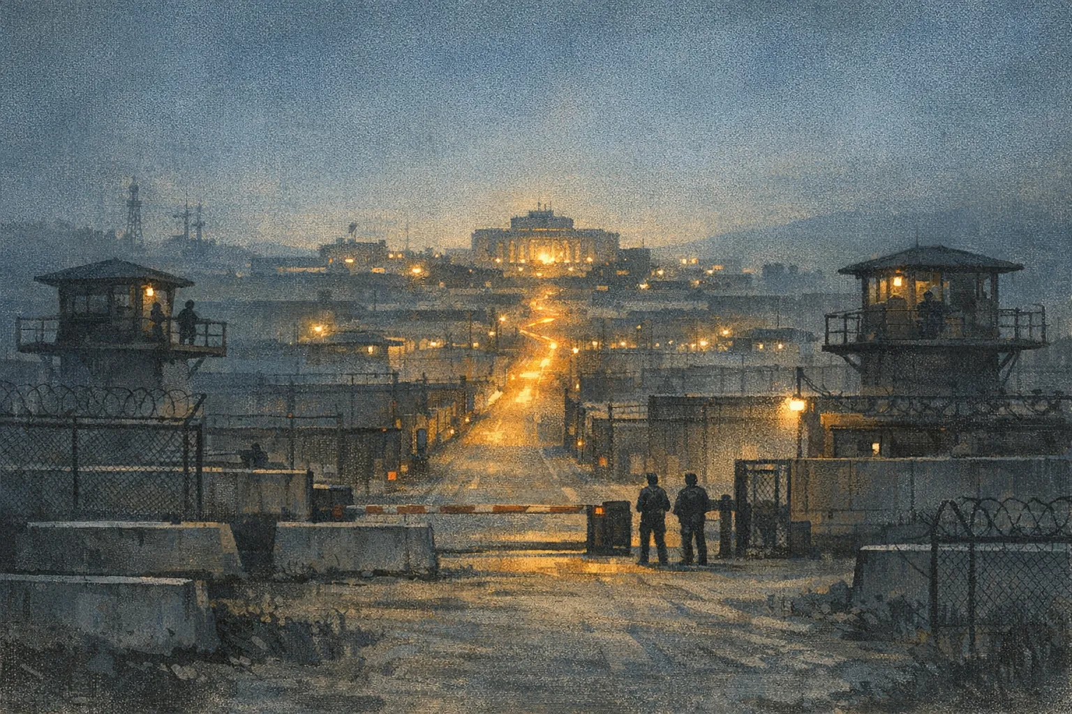 Editorial abstract illustration of frontier intelligence gated behind institutional checkpoints