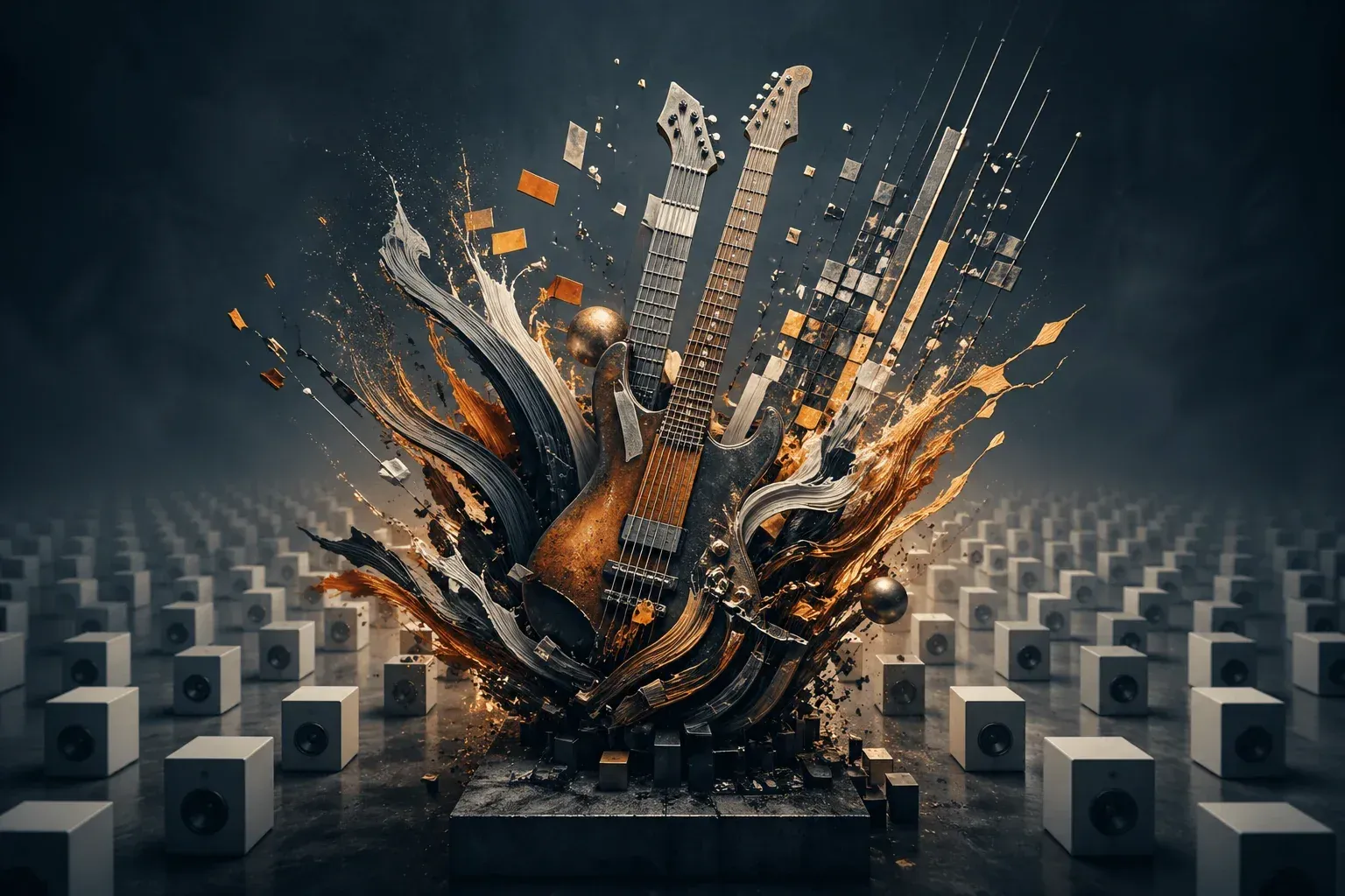 Abstract editorial illustration of an impossible double-neck guitar rising from rows of identical speaker blocks, representing human virtuosity in an age of AI music