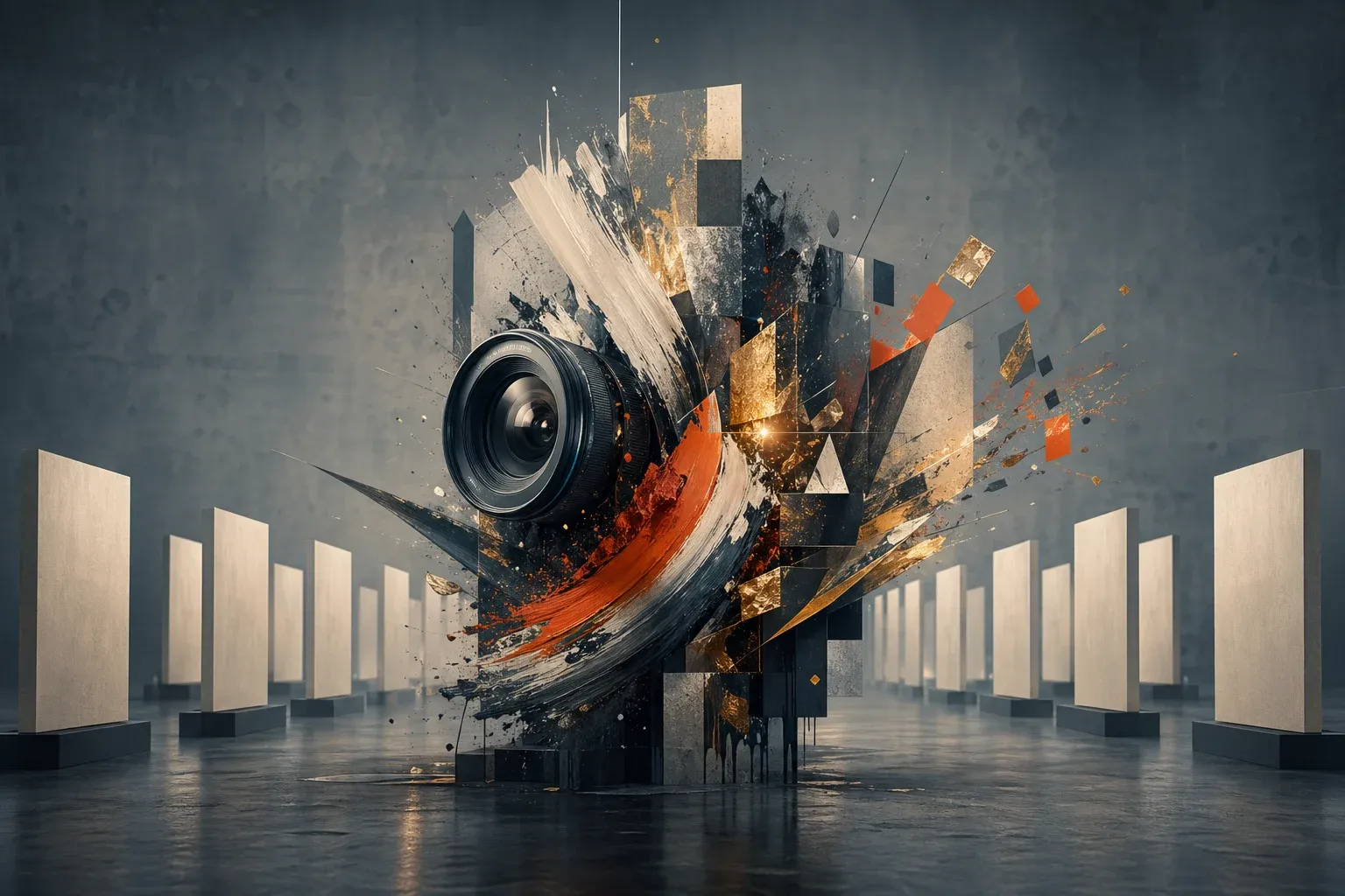 Abstract editorial illustration of a camera lens, fractured canvases, and explosive paint strokes representing photography pushing painting toward the avant-garde