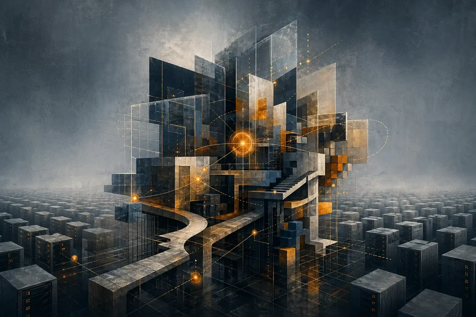 Abstract editorial illustration of fractured software architecture, code panes, and glowing infrastructure paths rising from rows of uniform server blocks