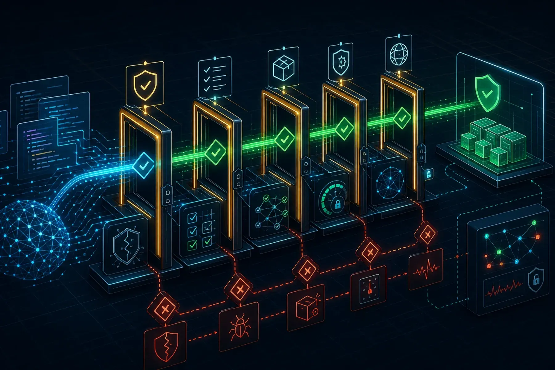 Abstract illustration of AI-generated code passing through deterministic security and policy guardrails