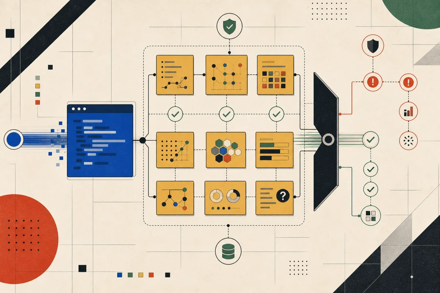 Abstract illustration of an AI-generated change carrying a connected evidence bundle for review