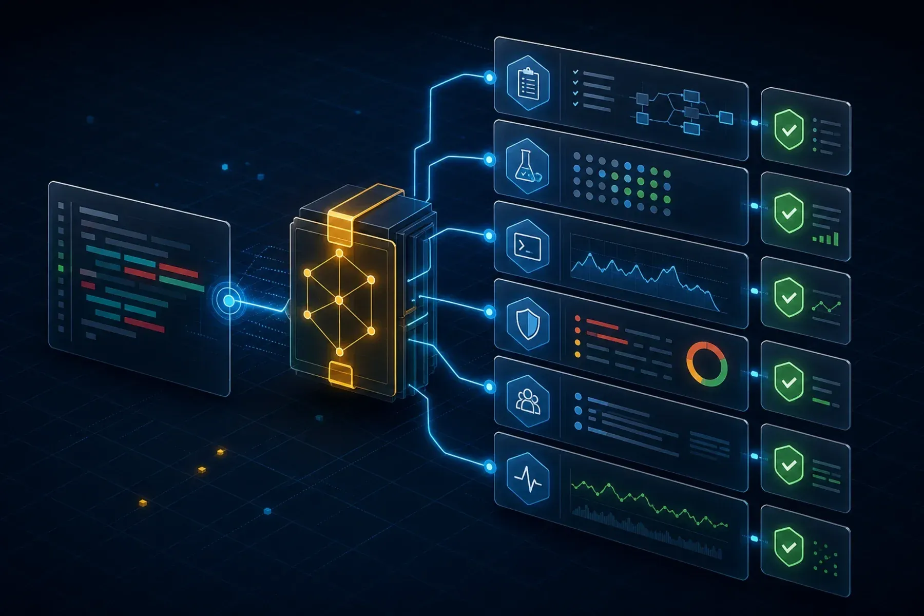 Abstract illustration of an AI-generated change carrying a connected evidence bundle for review