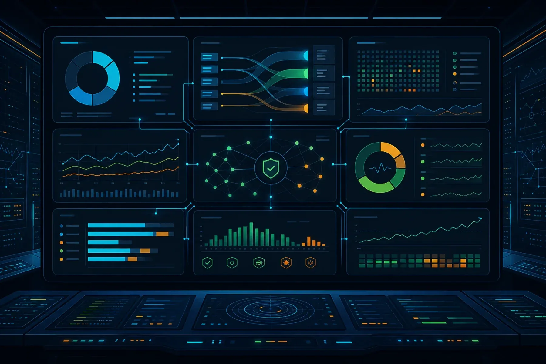 Abstract illustration of an engineering quality dashboard connecting AI code generation to verification, review, production, and maintainability signals