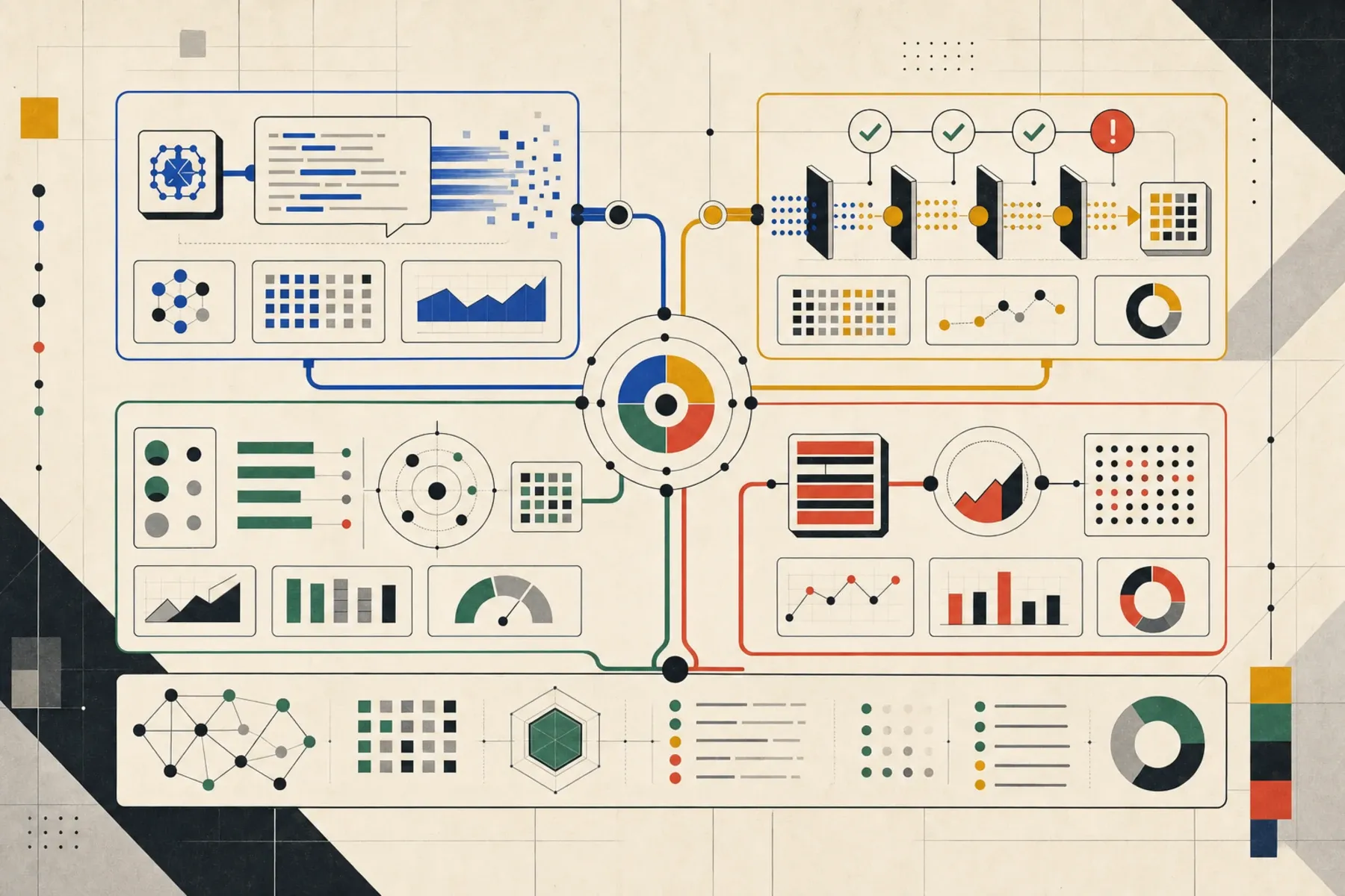 Abstract illustration of an engineering quality dashboard connecting AI code generation to verification, review, production, and maintainability signals