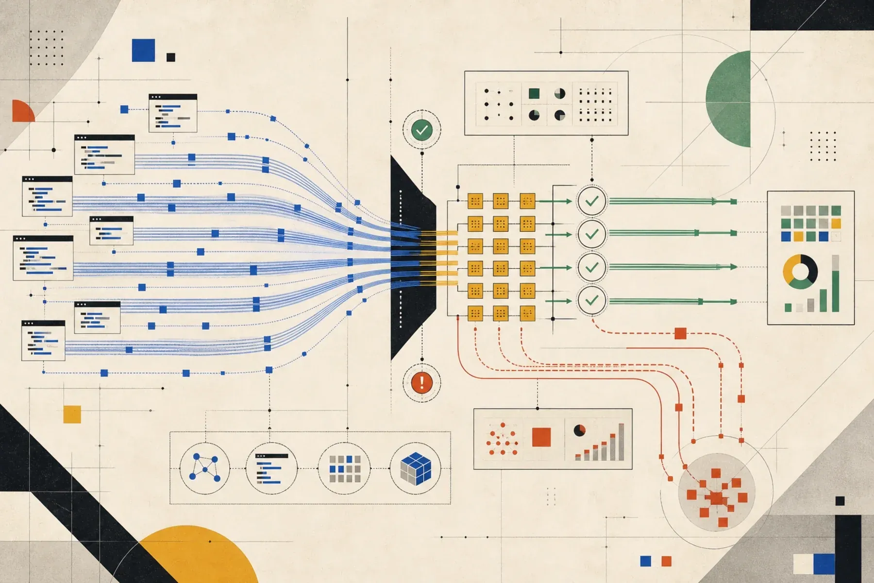 Abstract illustration of AI-generated code throughput narrowing into a verification bottleneck