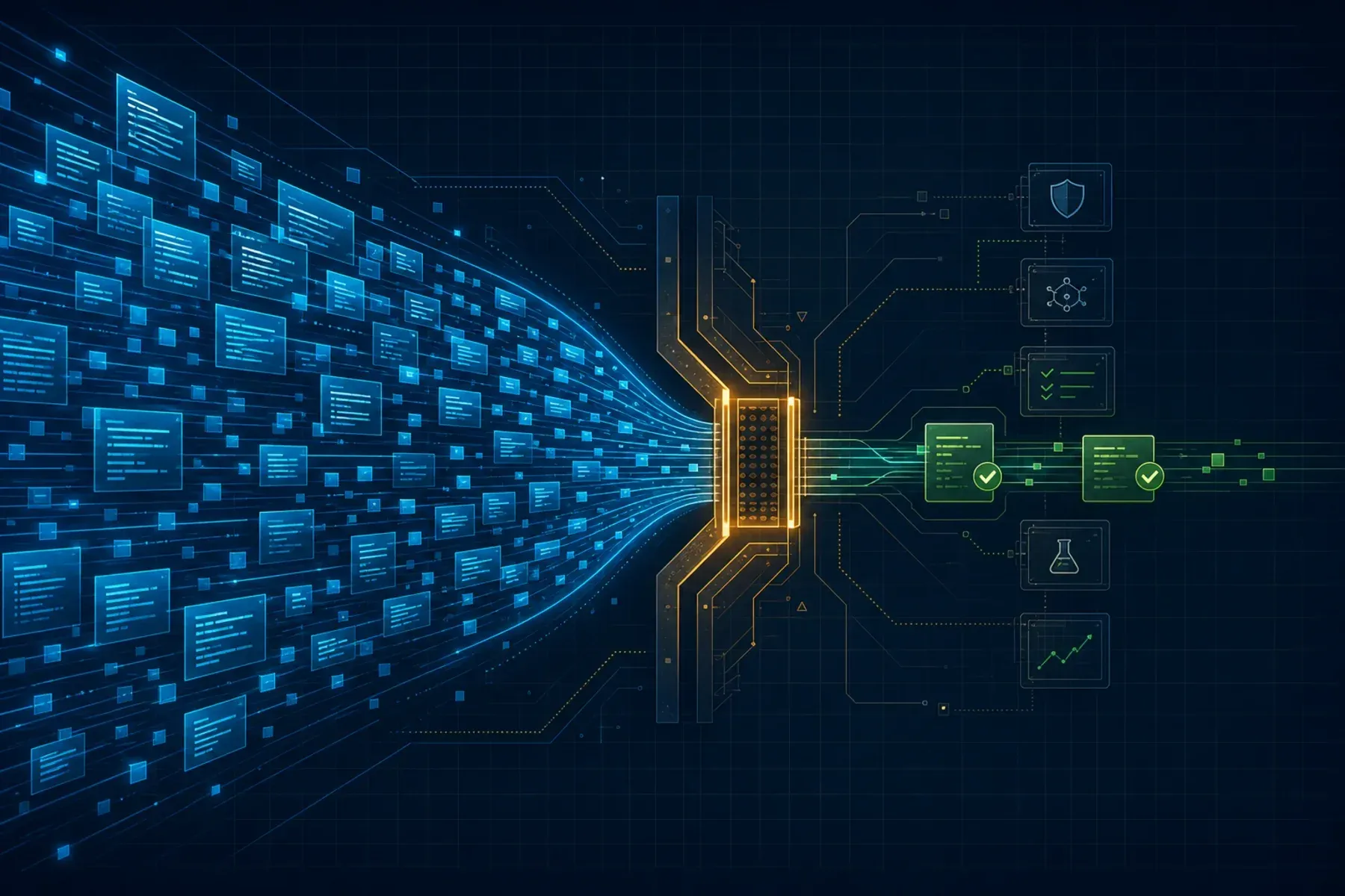 Abstract illustration of AI-generated code throughput narrowing into a verification bottleneck