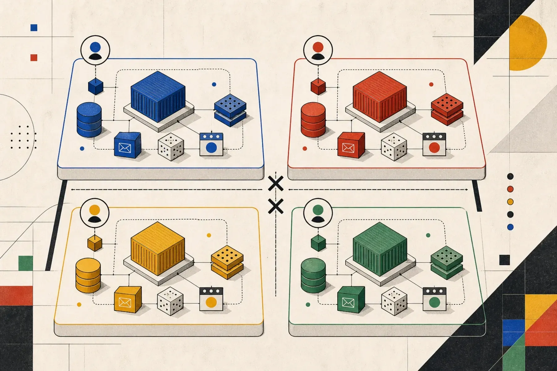 Abstract illustration of isolated agent environments running as separate local stacks