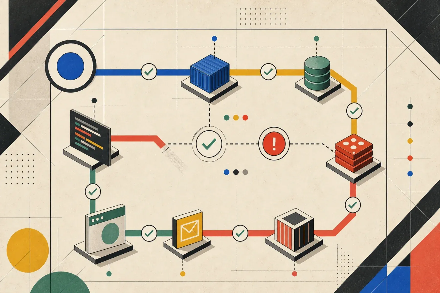 Abstract illustration of an agent verification loop passing through app, database, queue, and browser checks