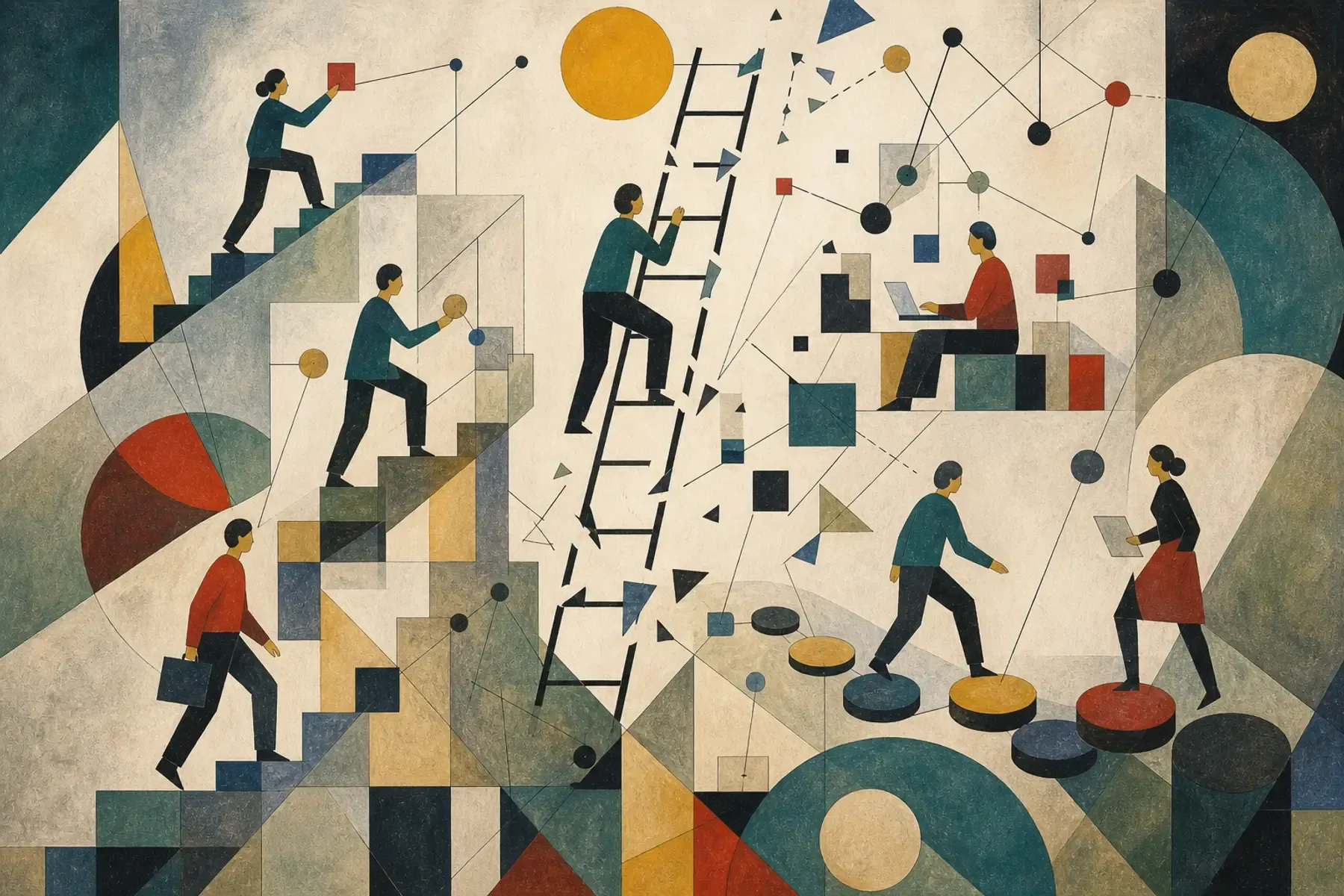 Abstract illustration of a career ladder interrupted and rerouted by AI-driven workflows