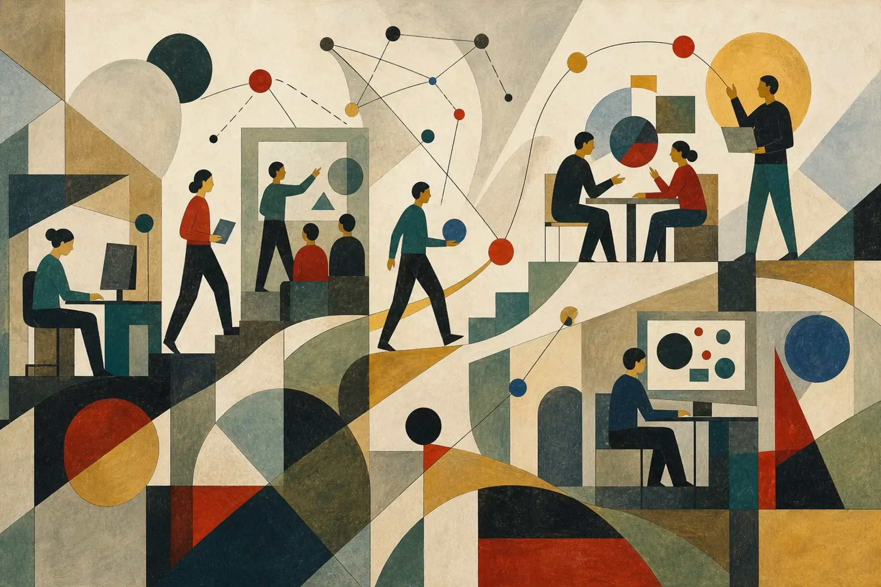 Abstract illustration of workers moving through AI-adjacent training and new skill pathways