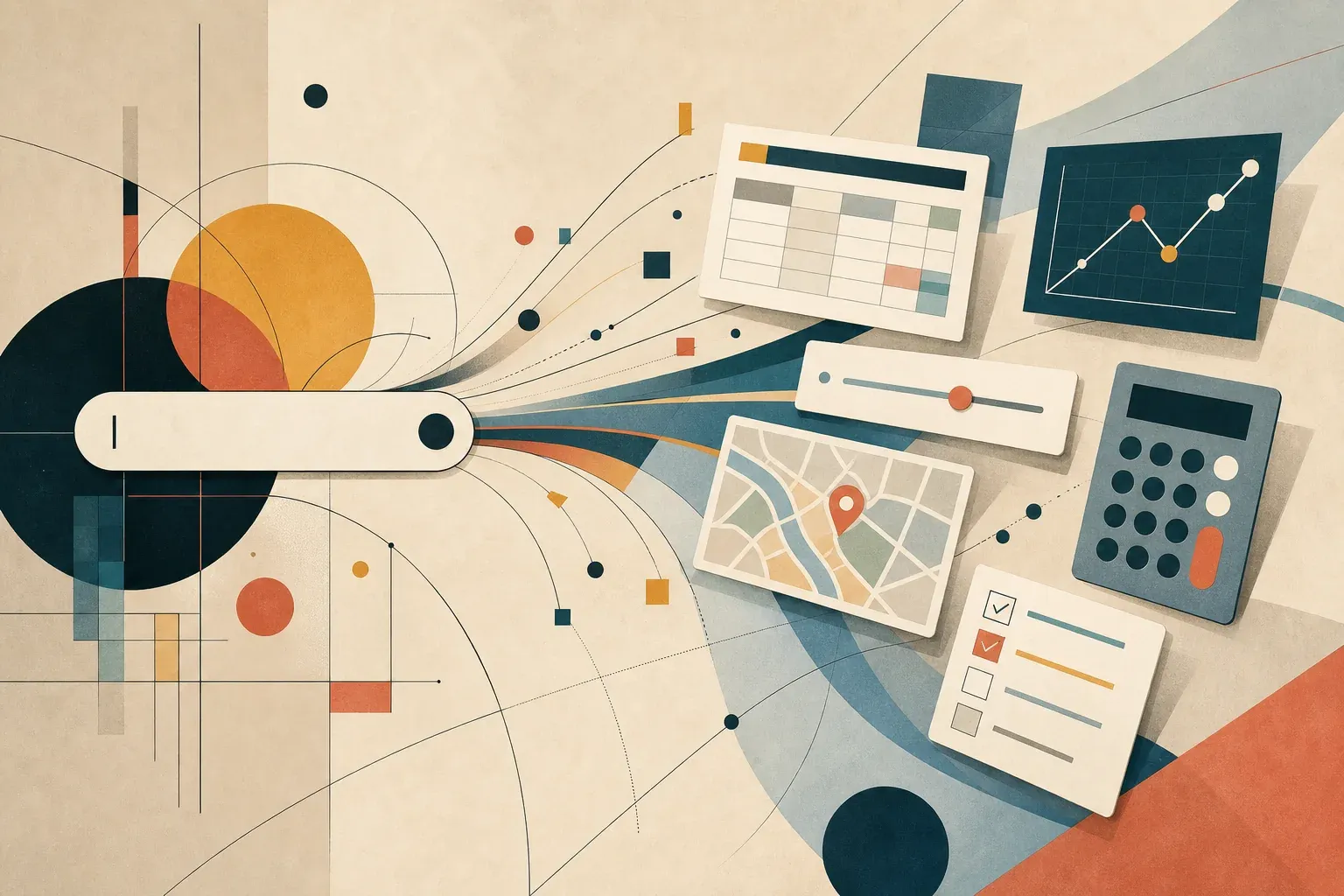 Abstract editorial illustration of a prompt turning into generated applet interfaces including charts, maps, sliders, and checklists