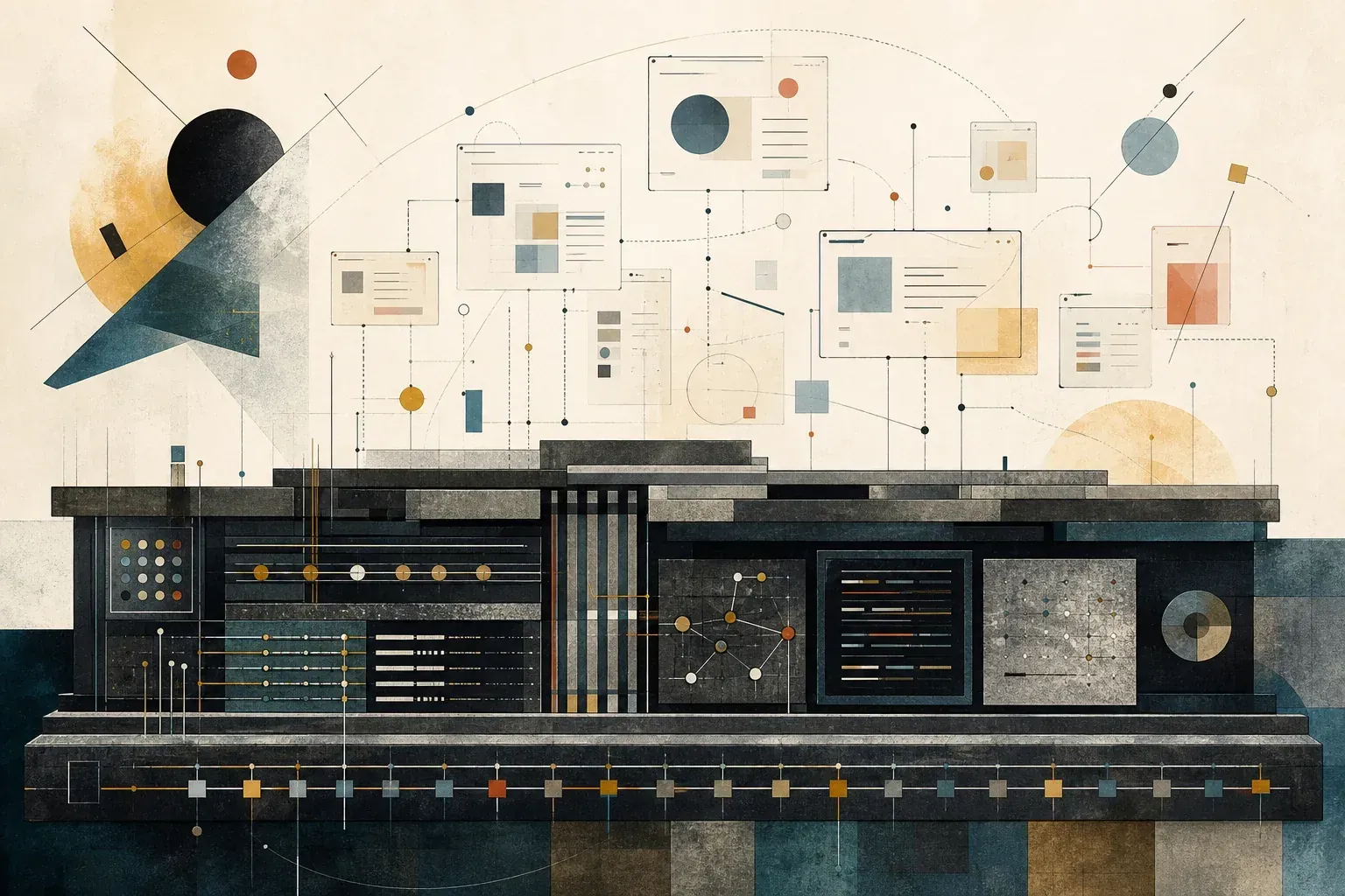 Abstract editorial illustration of durable software capabilities, permissions, provenance, and audit trails supporting disposable generated interfaces