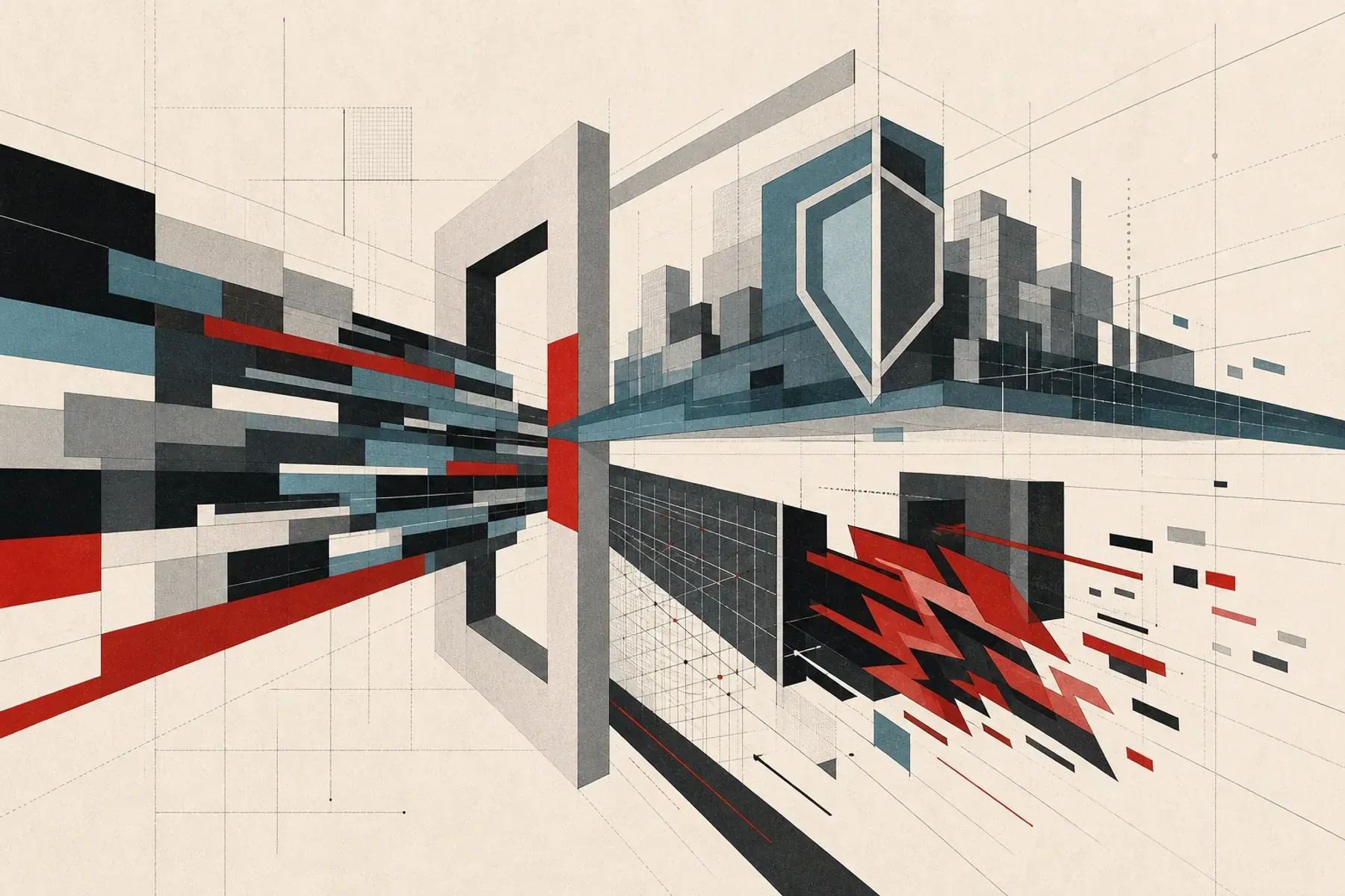 Abstract constructivist illustration of frontier AI security risk splitting into defensive and offensive paths