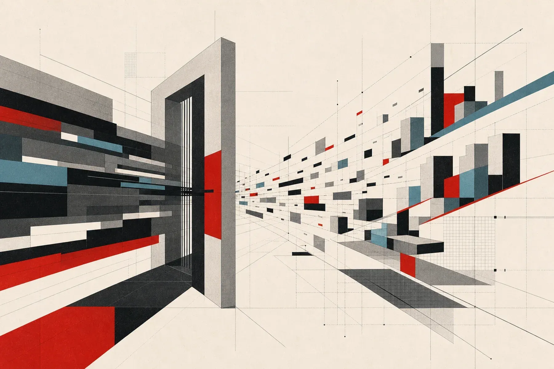 Abstract constructivist illustration of open-weight AI model fragments spreading while a closed model waits behind a gate