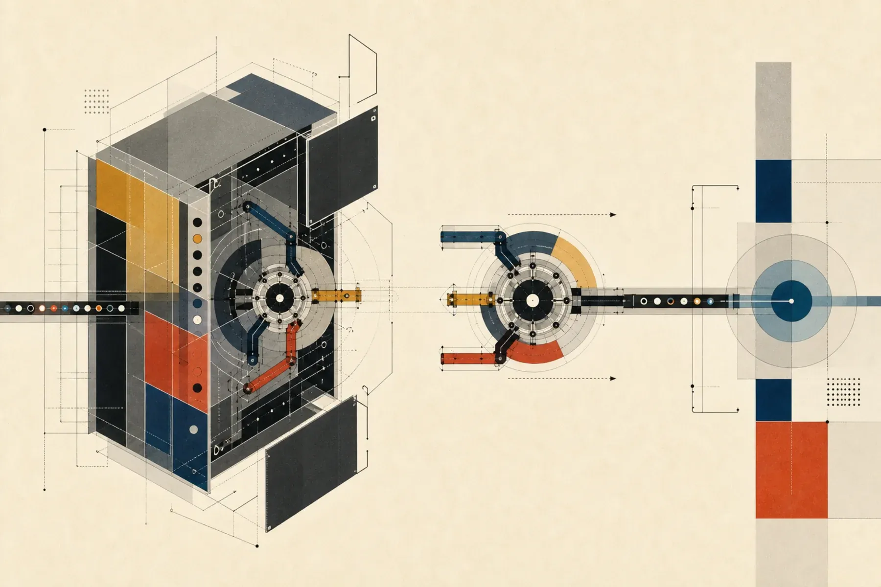 Abstract Bauhaus illustration of a reusable action core leaving a framework-specific chassis