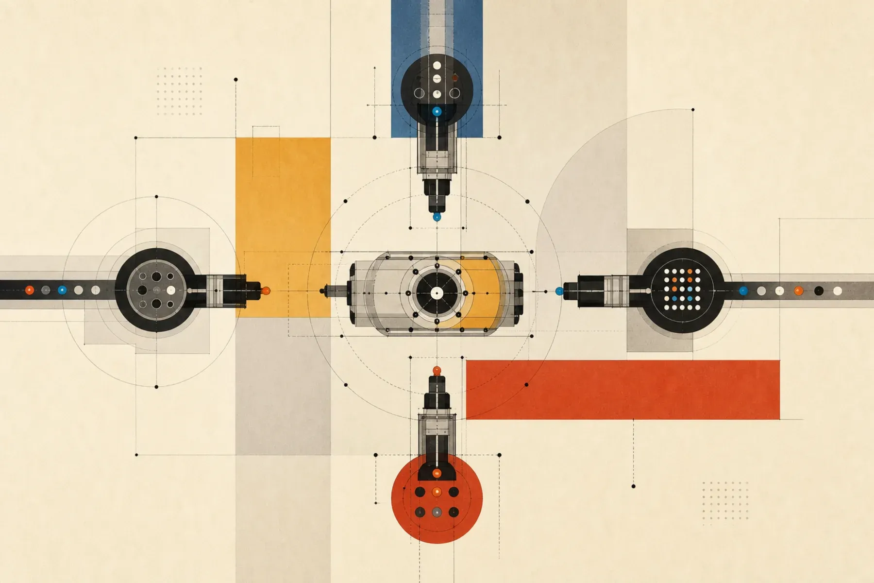 Abstract Bauhaus illustration of interchangeable delivery adapters connecting to one reusable action