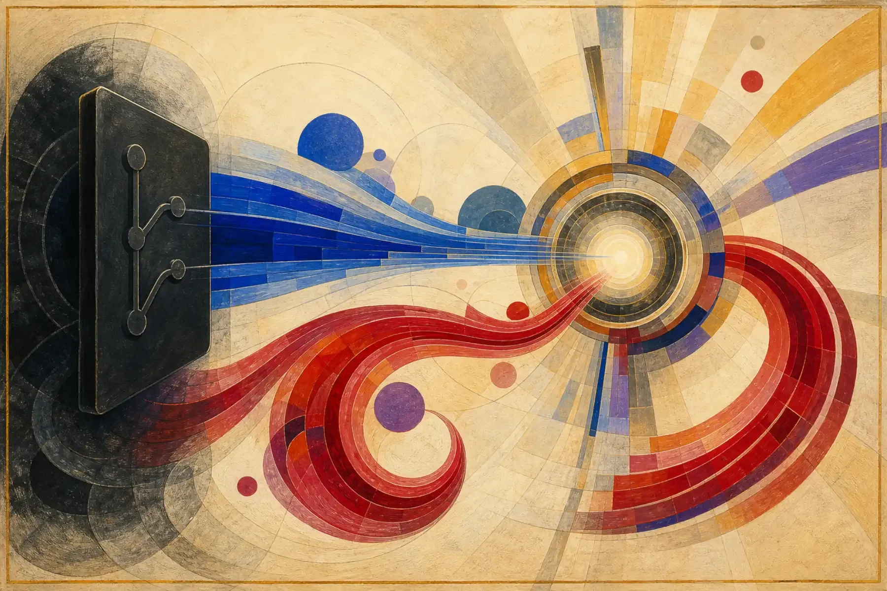 Abstract illustration of a pull request feeding both code and review policy into the same reviewer