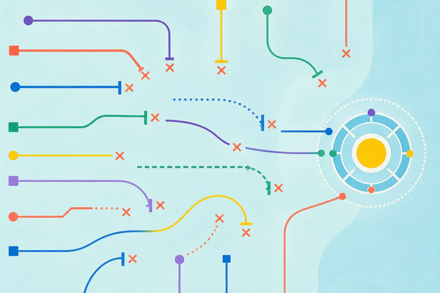 Abstract illustration of many probing paths meeting a smaller, hardened software boundary