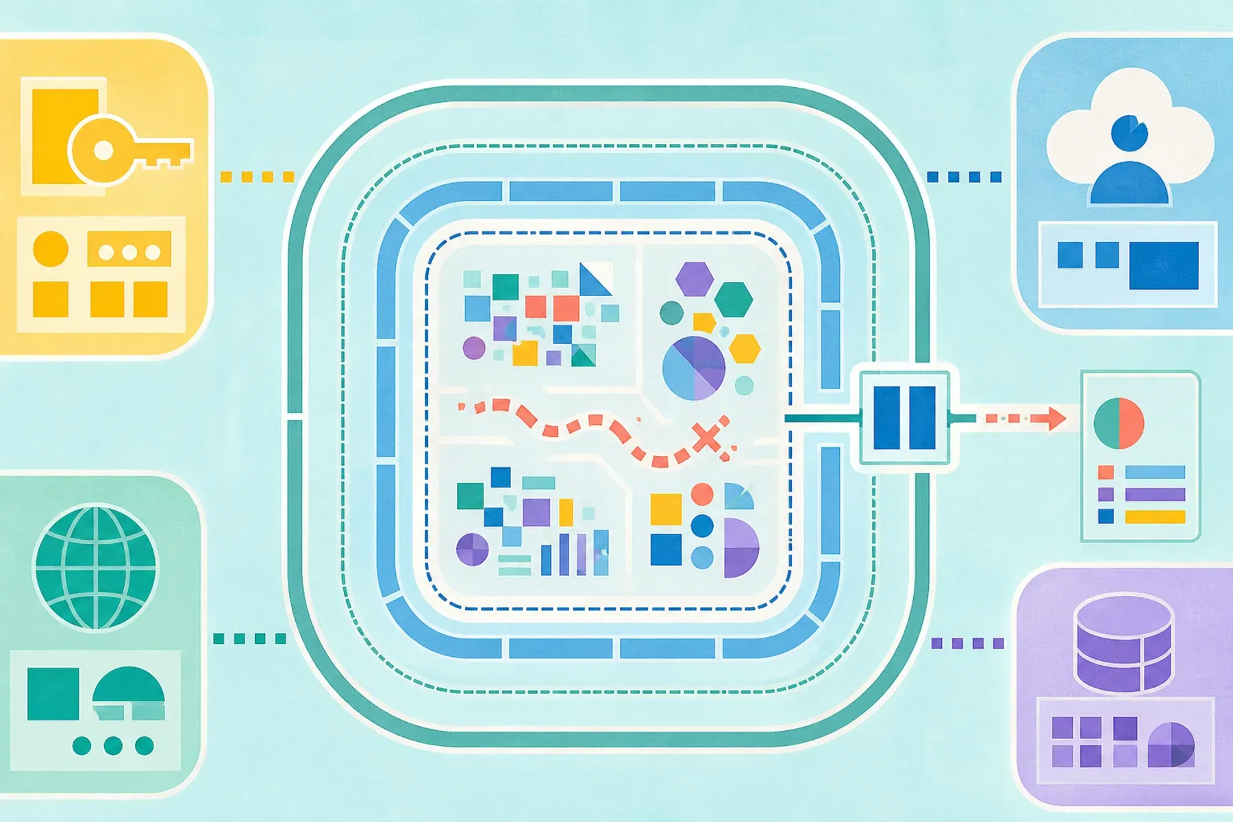 Abstract illustration of a bright analysis chamber isolated inside several layered security boundaries